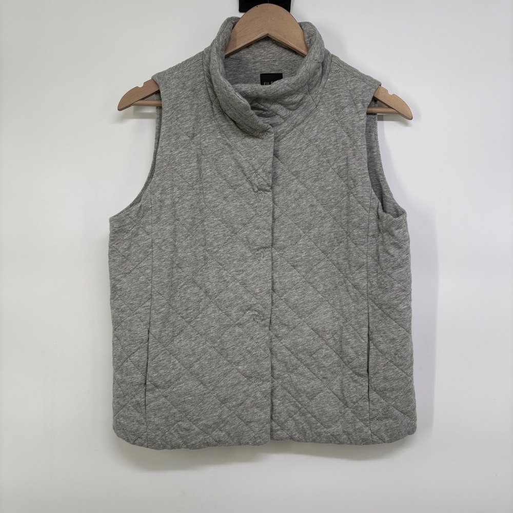 Eileen Fisher Womens Grey Quilted Cotton Funnel Neck Snap Front Vest Size M